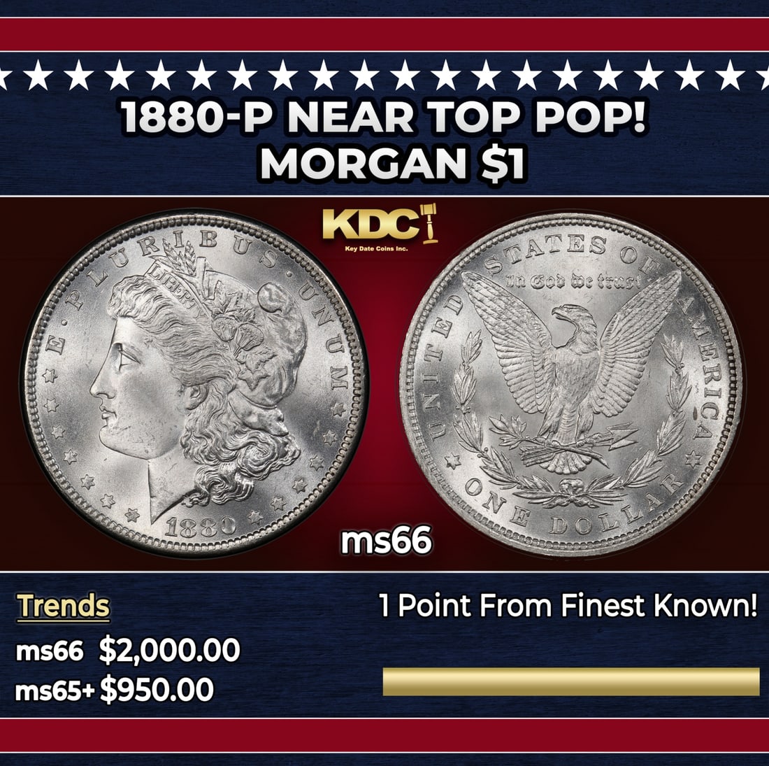 1880-p Morgan Dollar Near Top Pop! $1 ms66 SEGS: 1880-p Near Top Pop! Morgan Dollar $1 ms66 SEGS. Historic precious metal trends is causing increased spot pricing by the day. On auctions with set openings, we are doing our best to have items priced