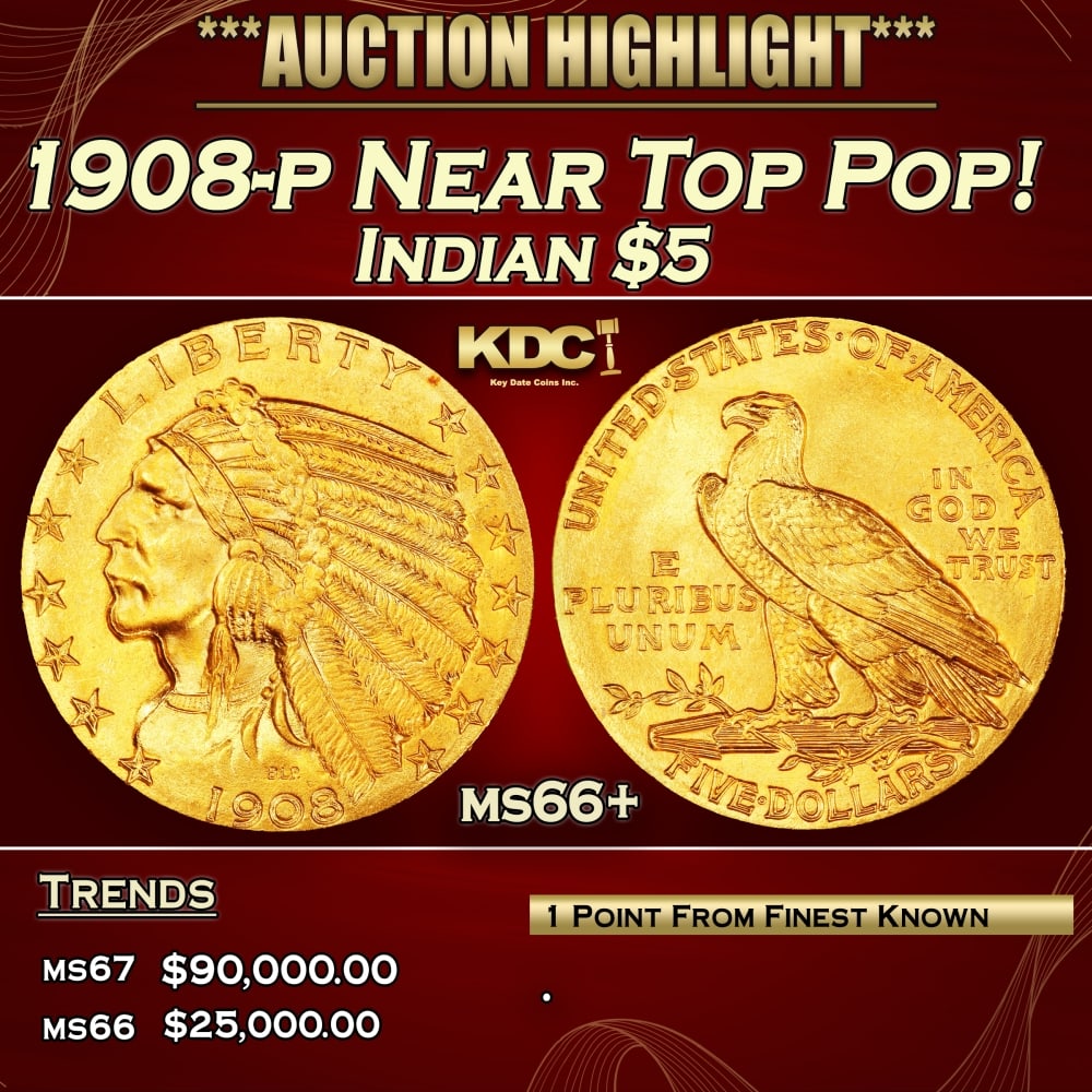 1908-p Gold Indian Half Eagle Near Top Pop! $5 ms66+ USCG (1 of 4)
