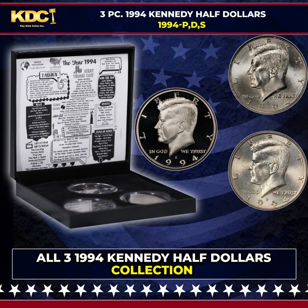 Complete 3 PC. 1994 Kennedy Half Dollar 50c set In Custom Box W/ Special Backer Card BU & Proof (1 of 7)