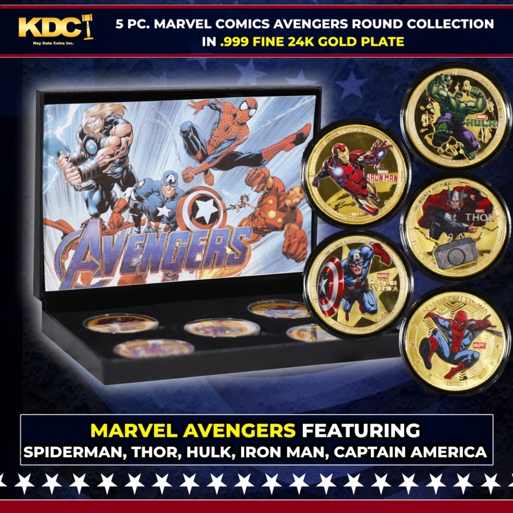 5 Coin Marvel Comics Avengers Gold Plated Round Collection Spider-Man, Hulk, Captain America, Thor, (1 of 7)