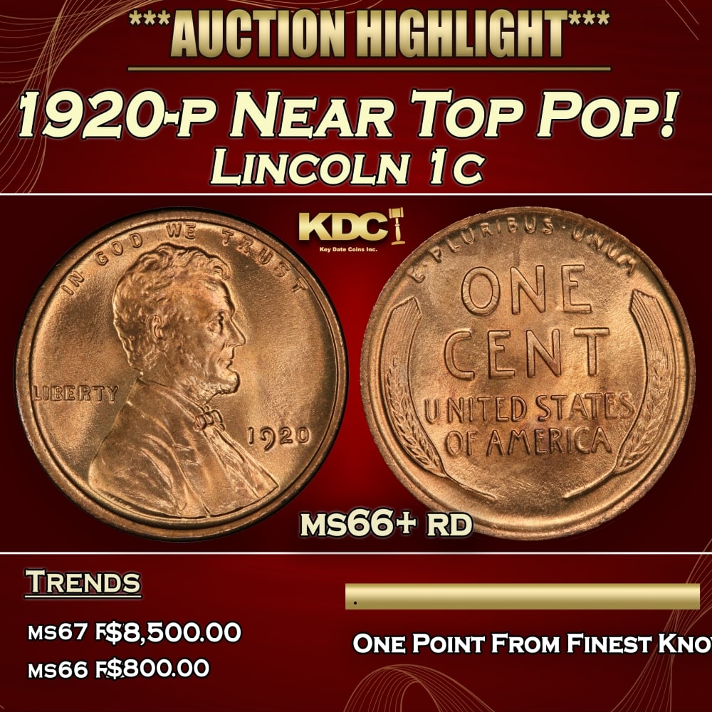 1920-p Lincoln Cent Near Top Pop! 1c ms66+ rd SEGS (1 of 4)