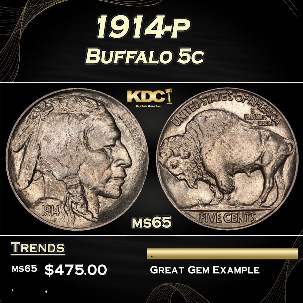 1914-p Buffalo Nickel 5c Grades ms65 (1 of 3)