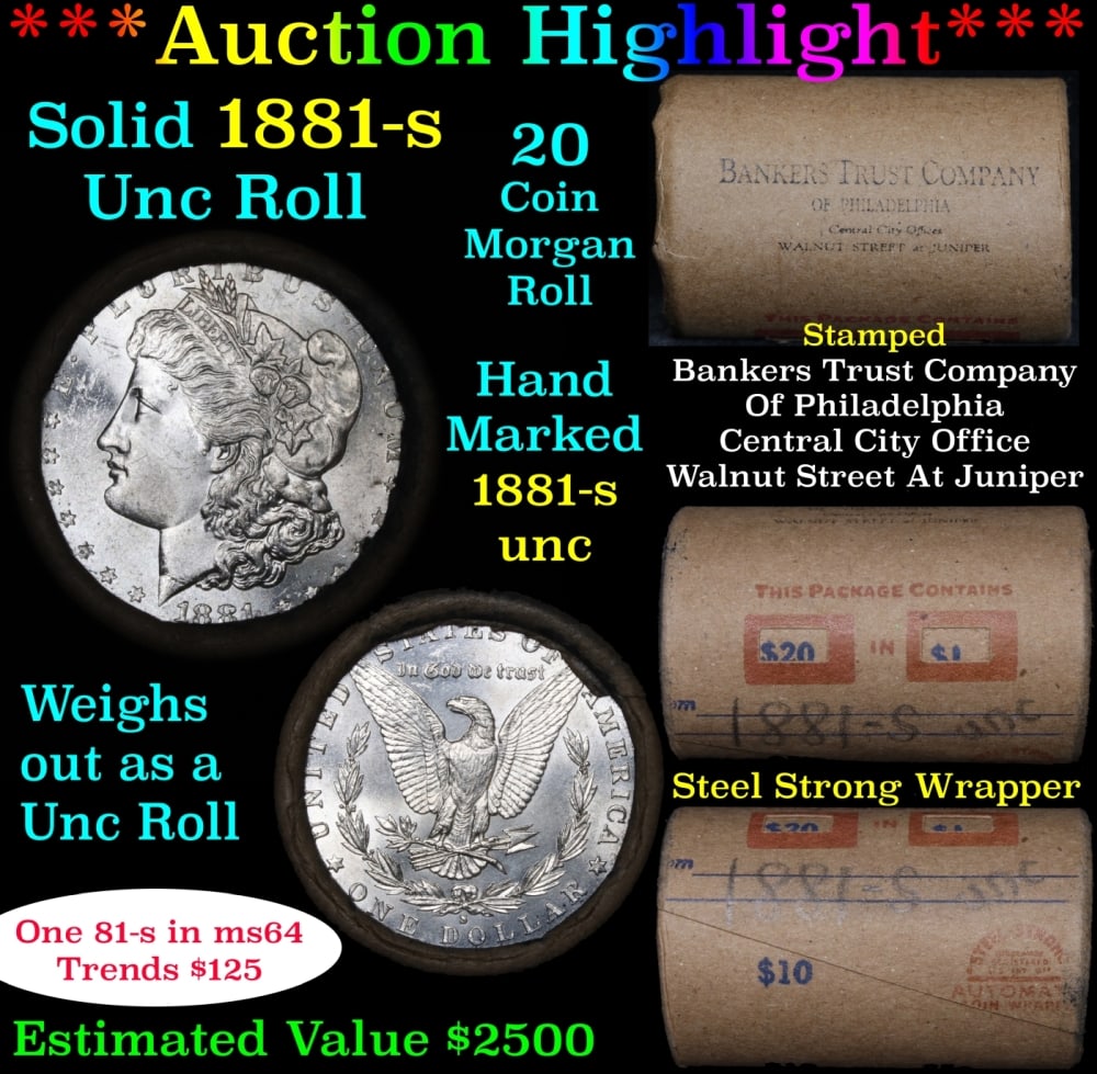 Full solid date 1881-s Uncirculated Morgan silver dollar roll, 20 coins (1 of 5)
