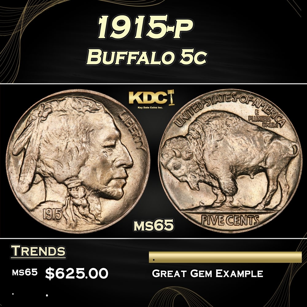 1915-p Buffalo Nickel 5c Grades ms65 (1 of 3)