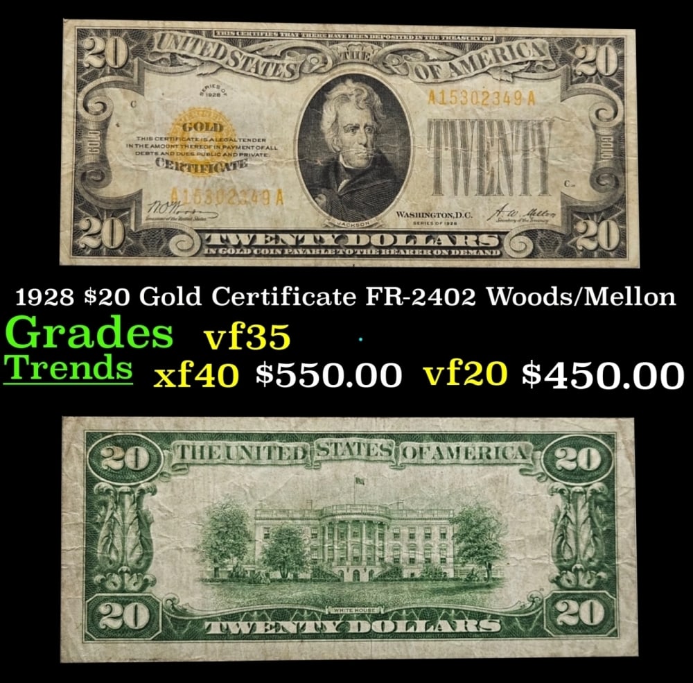 1928 $20 Gold Certificate FR-2402 Woods/Mellon Grades vf++ (1 of 3)