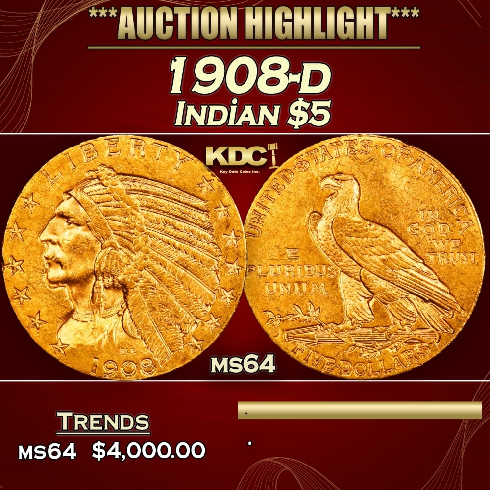 1908-d Gold Indian Half Eagle $5 ms64 USCG (1 of 4)