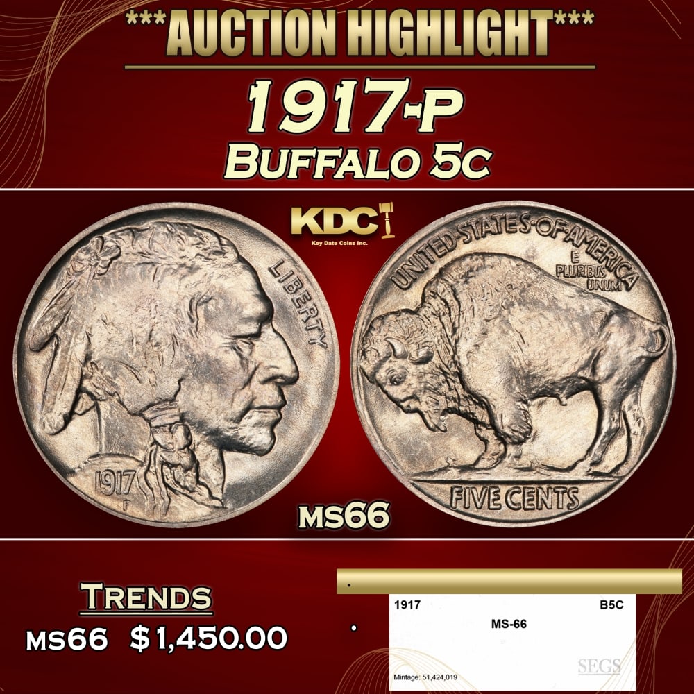 1917-p Buffalo Nickel 5c ms66 SEGS (1 of 4)