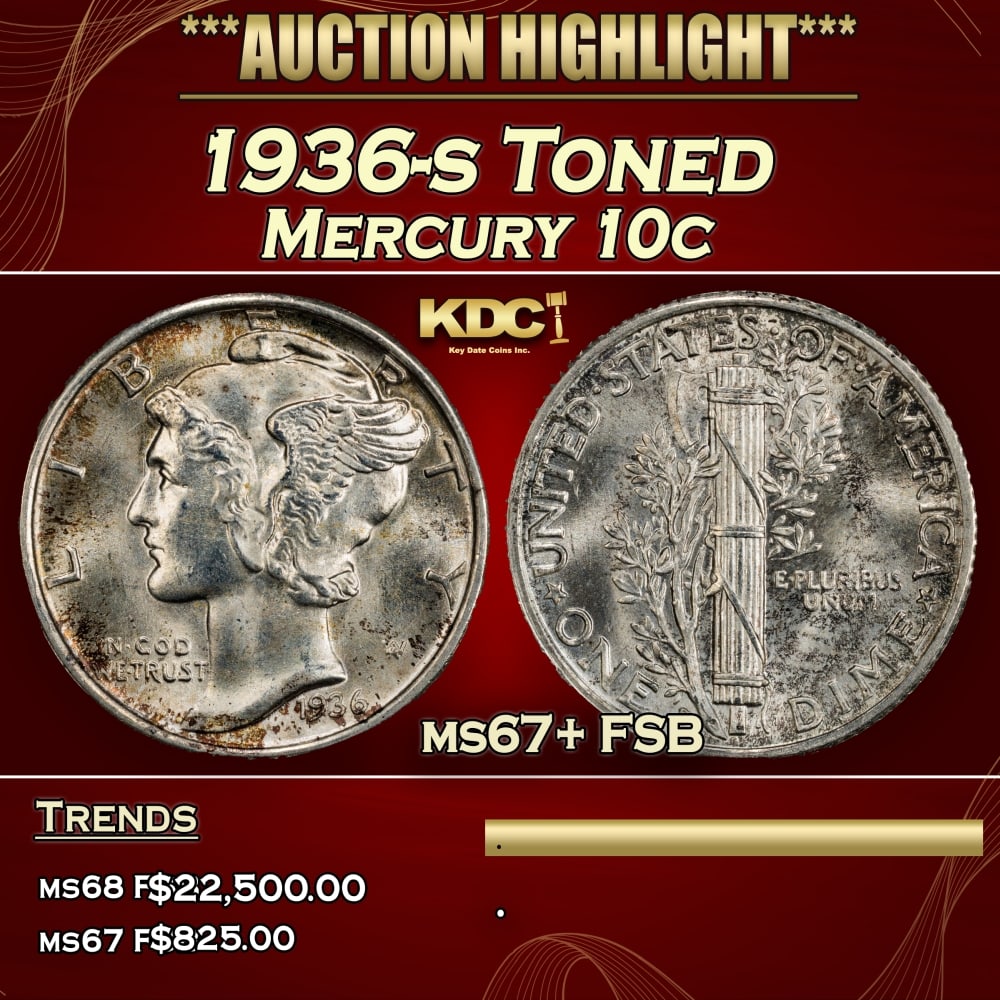 1936-s Mercury Dime Toned 10c ms67+ FSB SEGS (1 of 4)