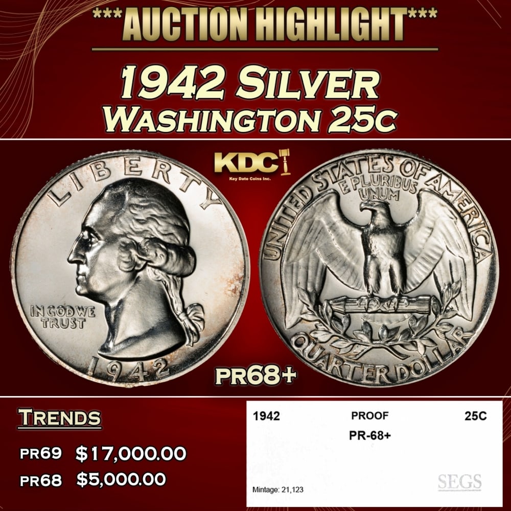 1942 Proof Washington Quarter Silver 25c pr68+ SEGS (1 of 4)
