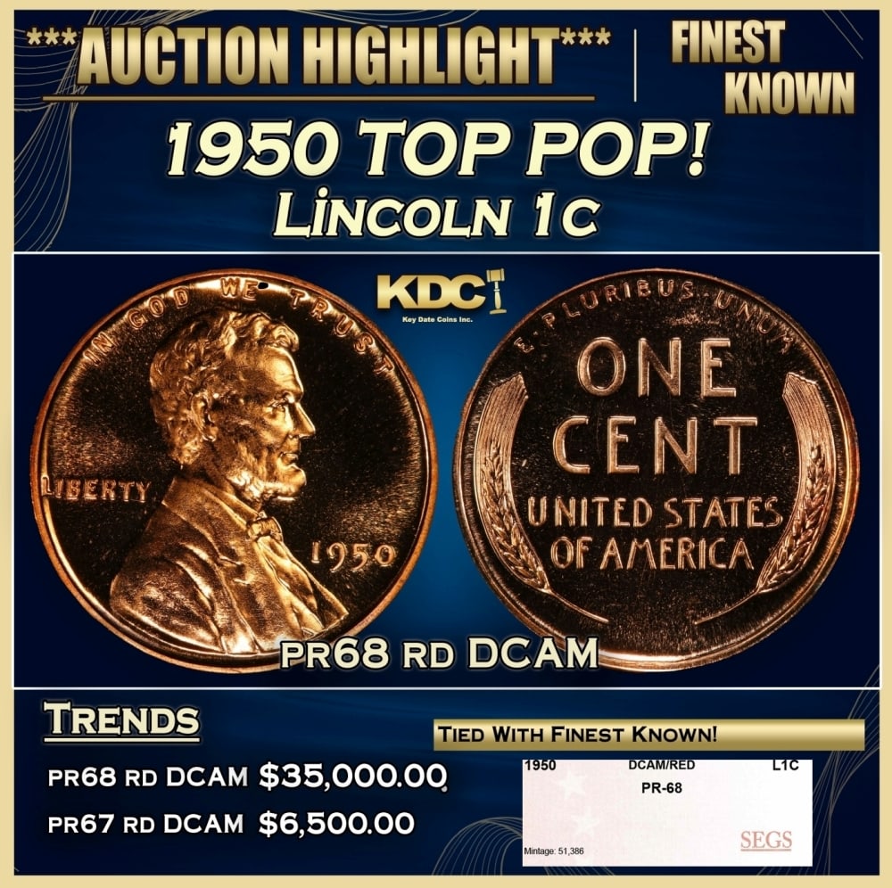 1950 Proof Lincoln Cent TOP POP! 1c pr68 rd DCAM SEGS (1 of 4)