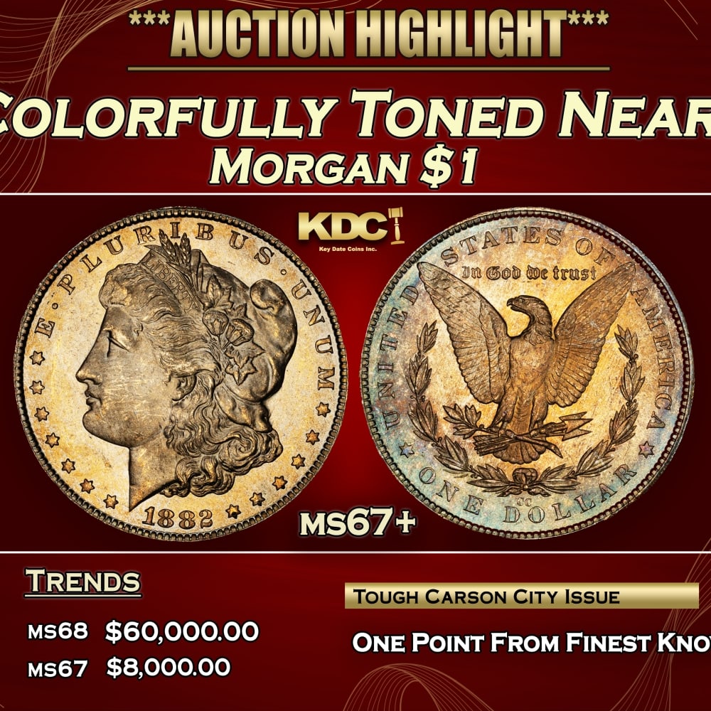 1882-cc Morgan Dollar Colorfully Toned Near Top Pop $1 ms67+ SEGS: 1882-cc Colorfully Toned Near Top Pop Morgan Dollar $1 ms67+ SEGS. 0