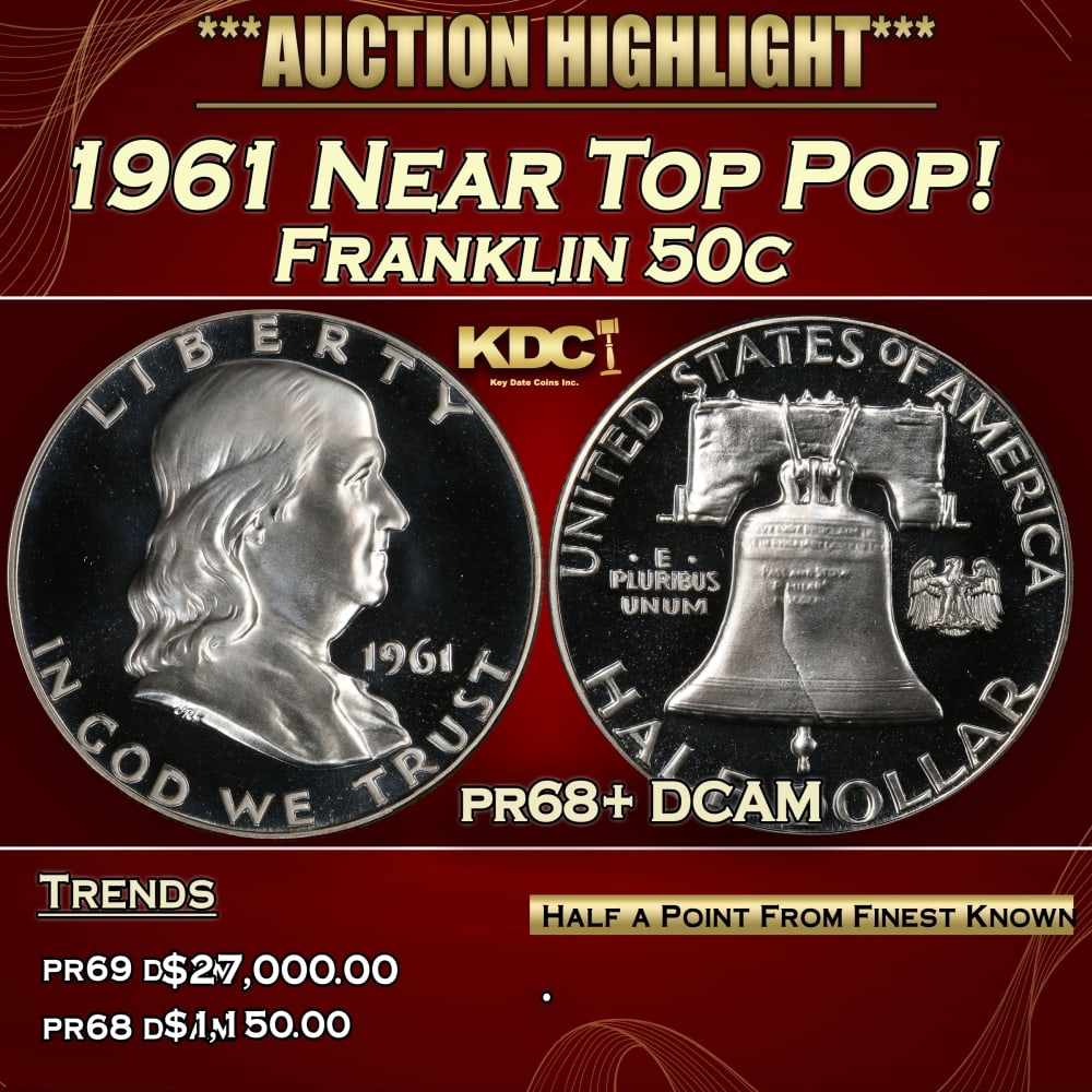1961 Proof Franklin Half Dollar Near Top Pop! 50c pr68+ DCAM SEGS: 1961 Near Top Pop! Franklin Half Dollar 50c pr68+ DCAM SEGS.