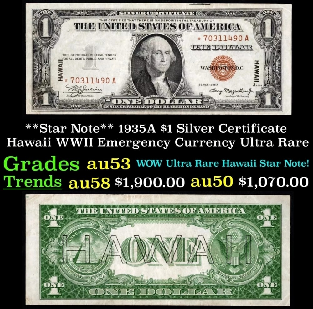 **Star Note** 1935A $1 Silver Certificate Hawaii WWII Emergency Currency Ultra Rare Grades Select AU (1 of 3)