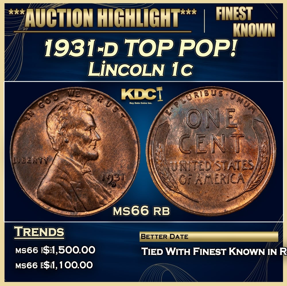 1931-d Lincoln Cent TOP POP! 1c ms66 rb SEGS: 1931-d TOP POP! Lincoln Cent 1c ms66 rb SEGS. 0
