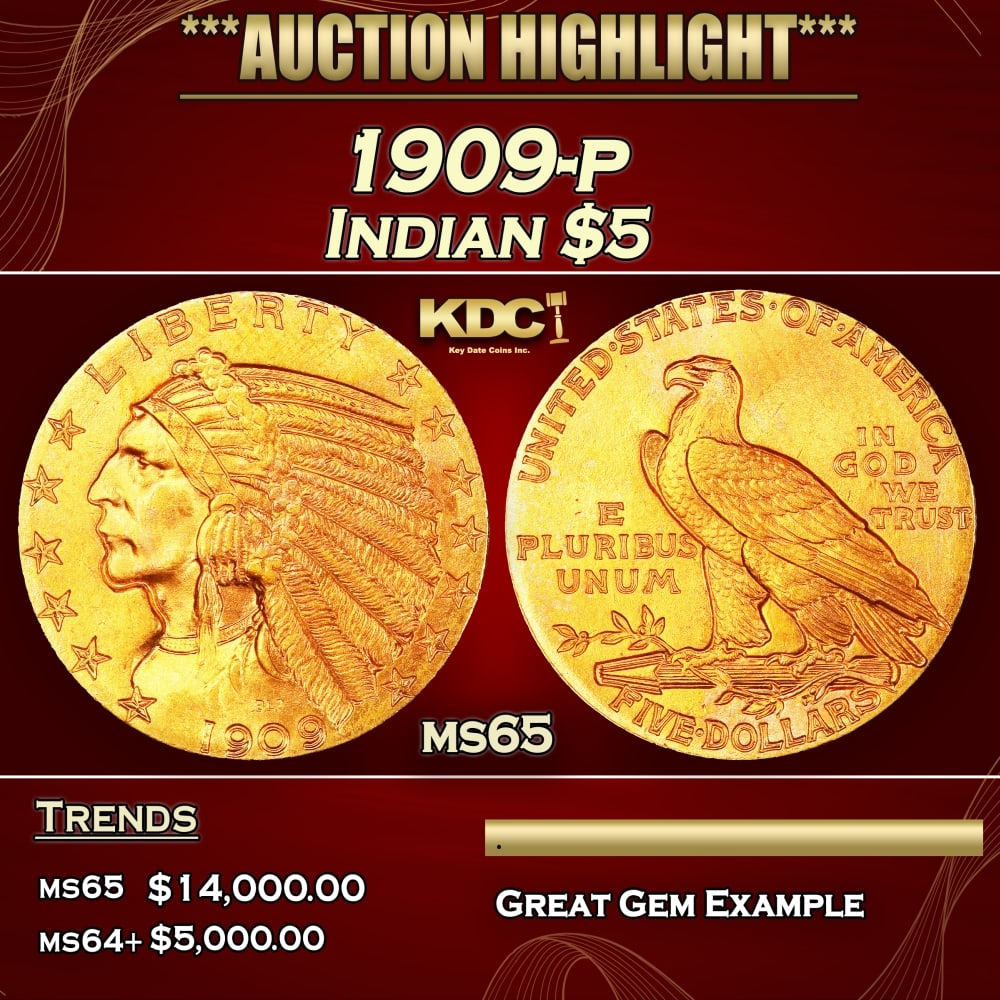 1909-p Gold Indian Half Eagle $5 ms65 USCG (1 of 4)