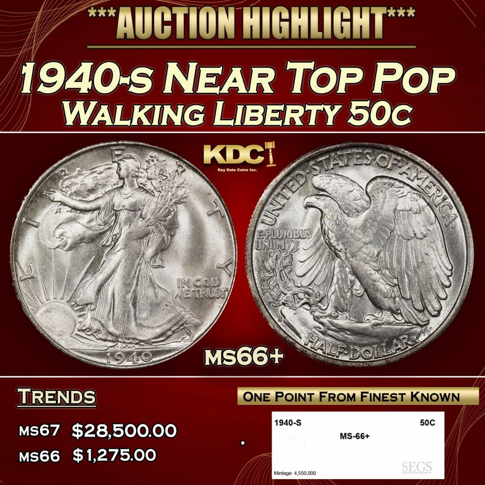 1940-s Walking Liberty Half Dollar Near Top Pop 50c ms66+ SEGS: 1940-s Near Top Pop Walking Liberty Half Dollar 50c ms66+ SEGS. 0