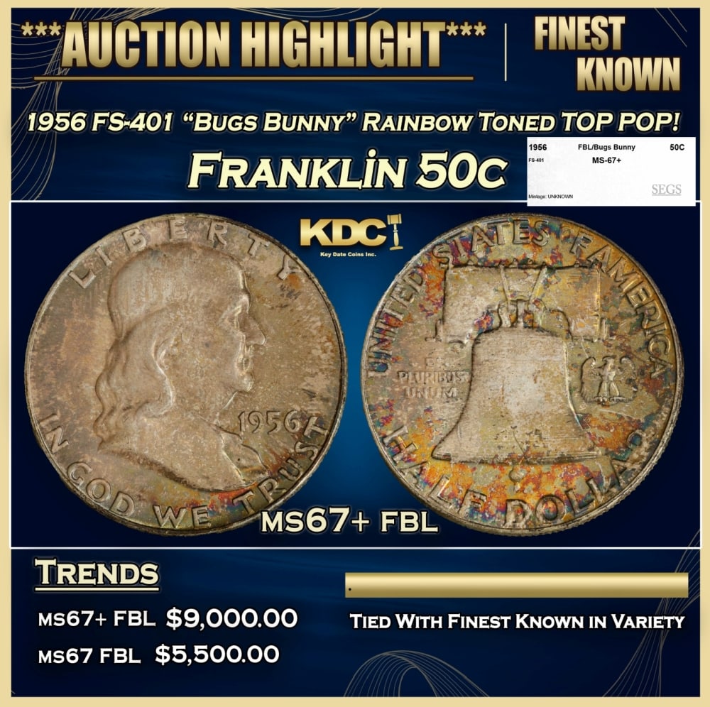 1956 FS-401 "Bugs Bunny" Franklin Half Dollar Rainbow Toned TOP POP! 50c ms67+ fbl SEGS: 1956 FS-401 "Bugs Bunny" Rainbow Toned TOP POP! Franklin Half Dollar 50c ms67+ fbl SEGS. 0