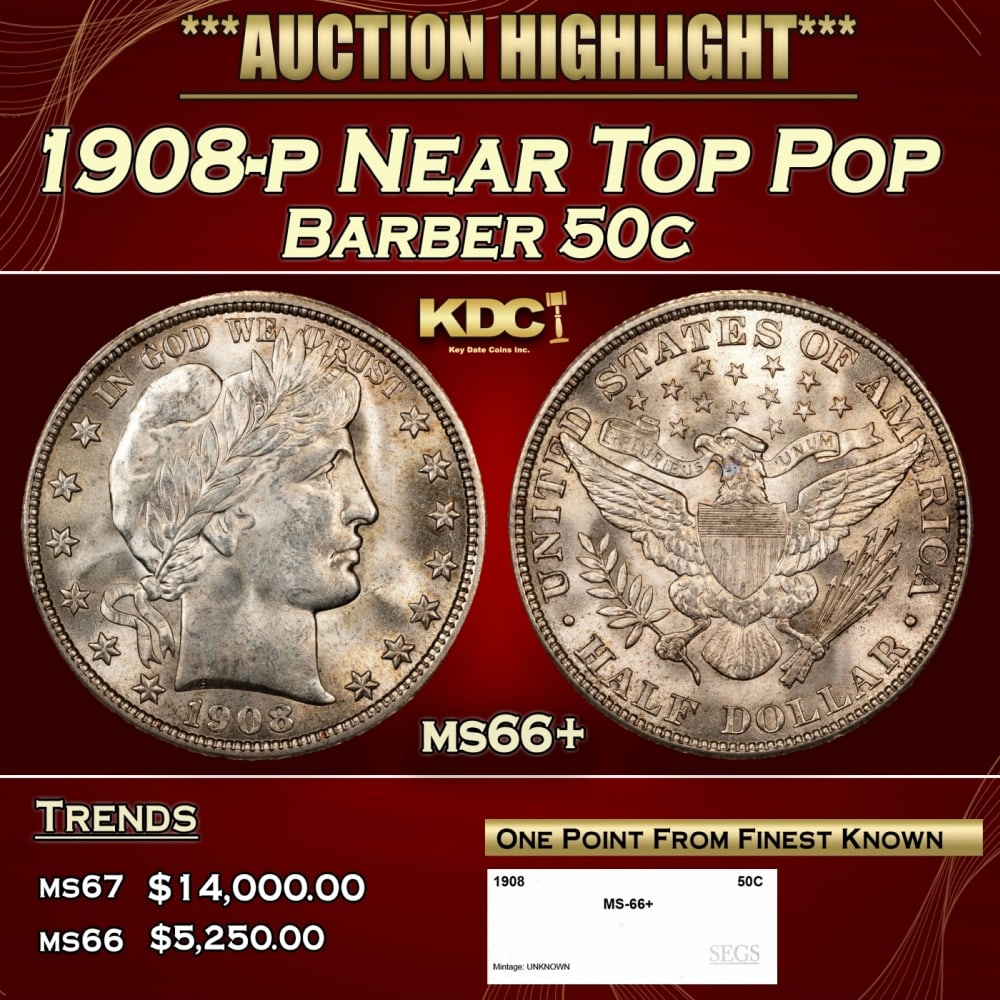 1908-p Barber Half Dollars Near Top Pop 50c ms66+ SEGS (1 of 4)