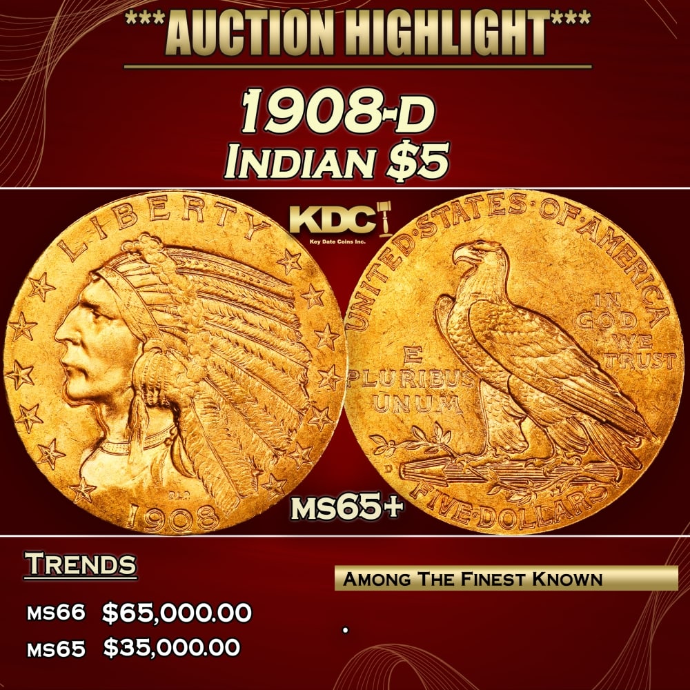 1908-d Gold Indian Half Eagle $5 ms65+ USCG (1 of 4)