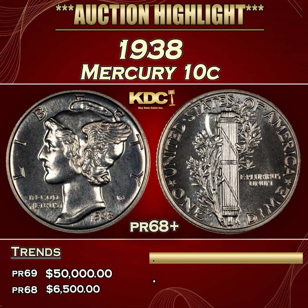 1938 Proof Mercury Dime 10c pr68+ SEGS: 1938 Mercury Dime 10c pr68+ SEGS. 0
