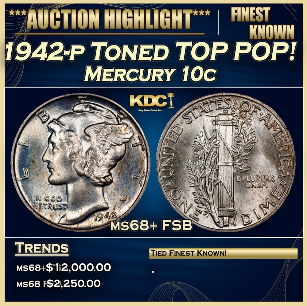 1942-p Mercury Dime Toned TOP POP! 10c ms68+ FSB SEGS: 1942-p Toned TOP POP! Mercury Dime 10c ms68+ FSB SEGS. 0