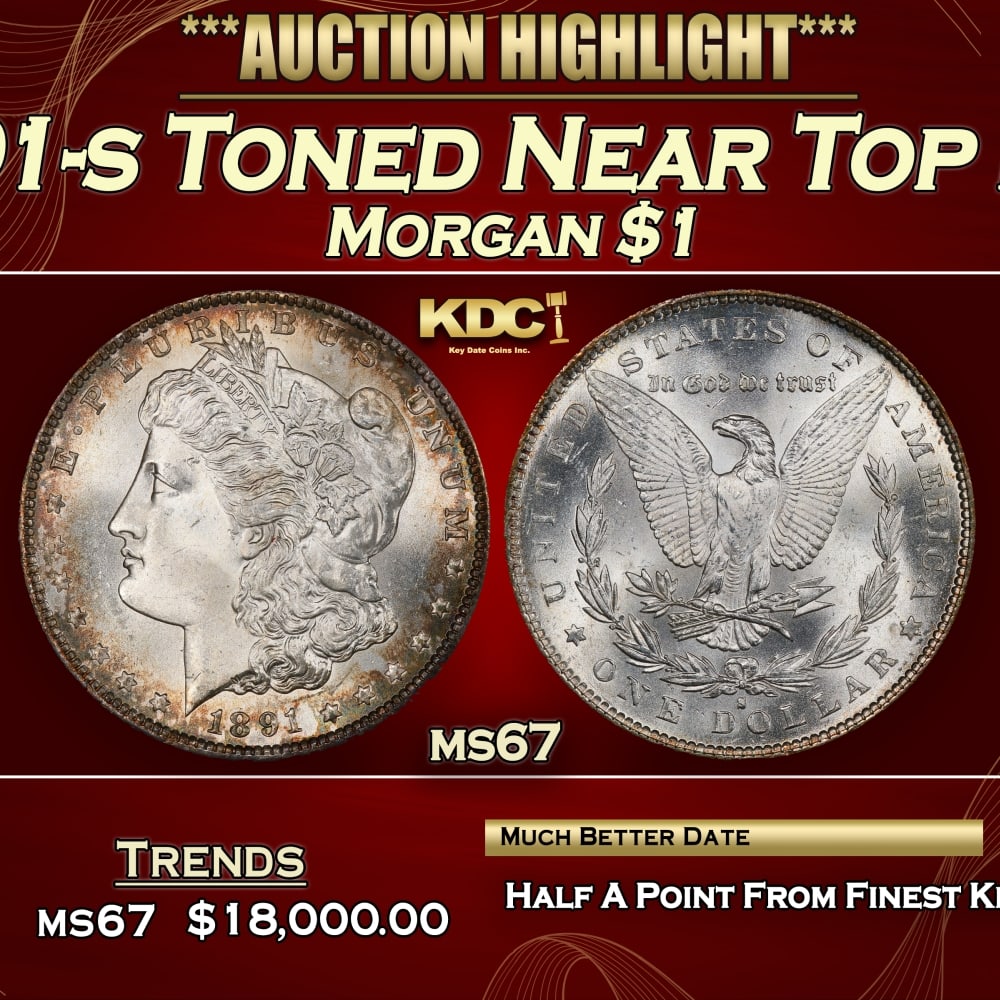 1891-s Morgan Dollar Toned Near Top Pop $1 ms67 SEGS: 1891-s Toned Near Top Pop Morgan Dollar $1 ms67 SEGS. 0