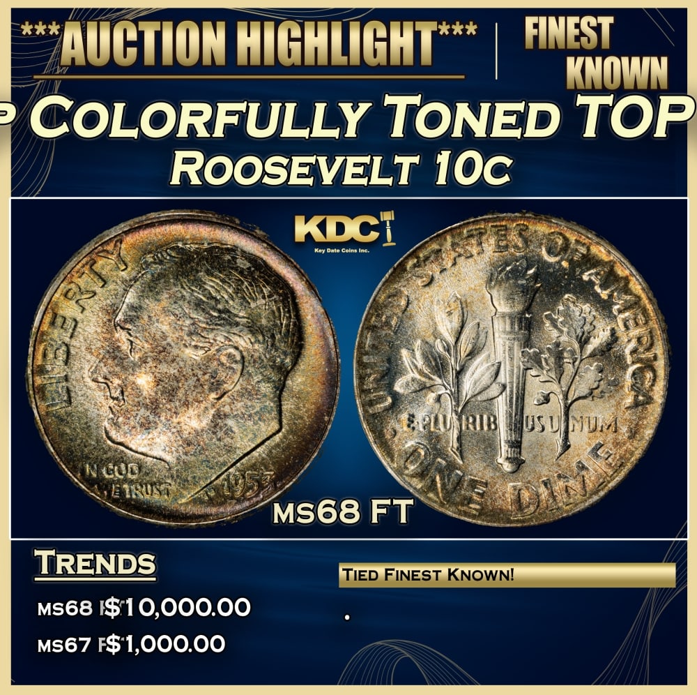 1953-p Roosevelt Dime Colorfully Toned TOP POP! 10c ms68 FT SEGS (1 of 4)