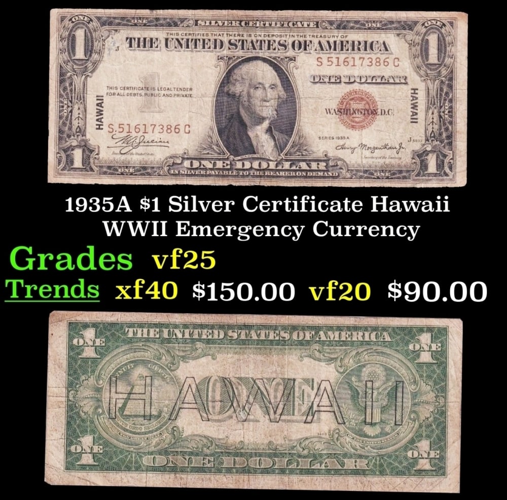 1935A $1 Silver Certificate Hawaii WWII Emergency Currency Grades vf+ (1 of 3)