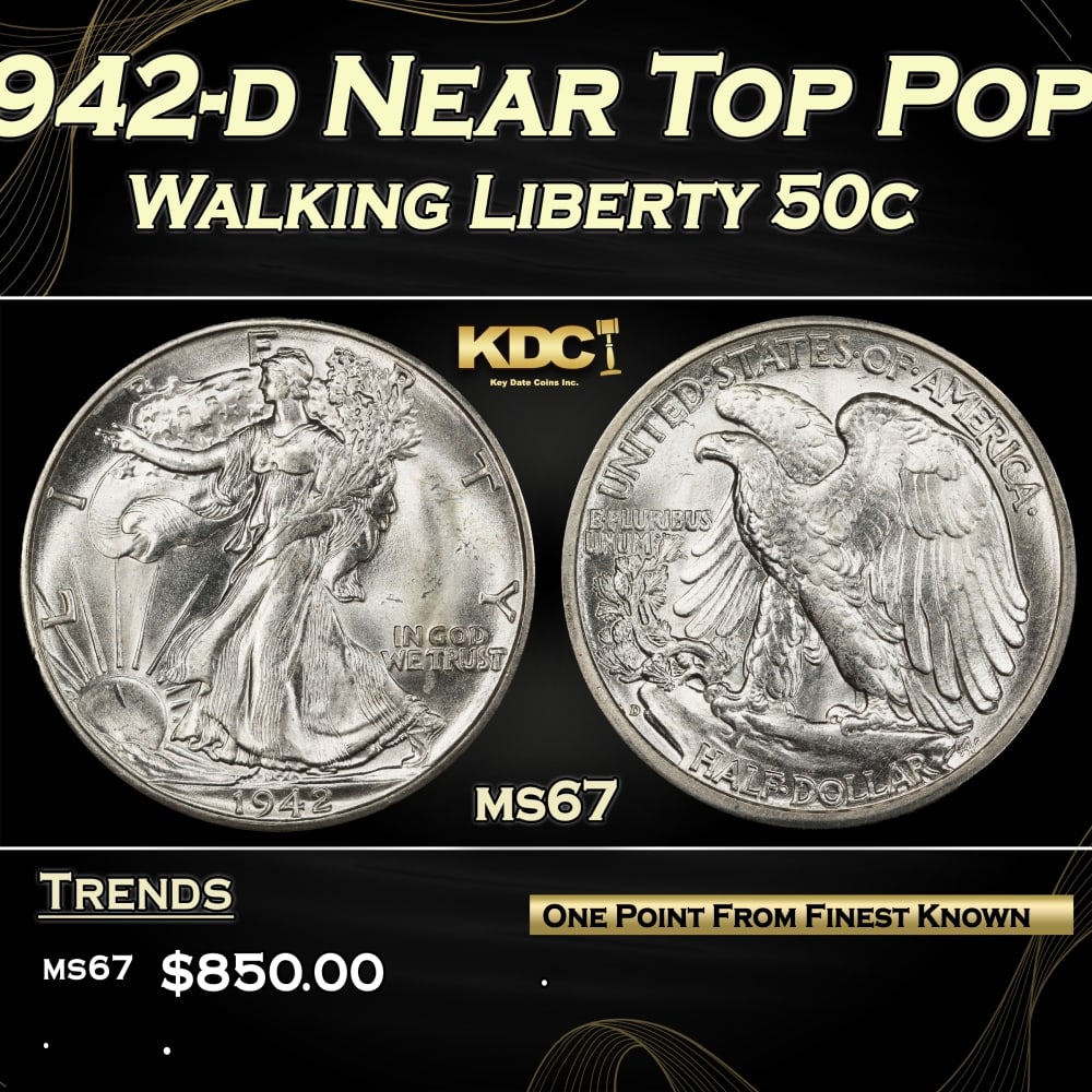 1942-d Walking Liberty Half Dollar Near Top Pop 50c ms67 SEGS: 1942-d Near Top Pop Walking Liberty Half Dollar 50c ms67 SEGS. 0