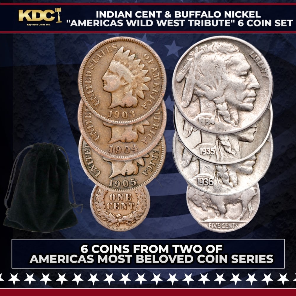 Indian Cent & Buffao Nickel "Americas Wild West Tribute" 6 Coin Set: Indian Cent & Buffao Nickel "Americas Wild West Tribute" 6 Coin Set. Capture two of America’s most beloved coin designs in one unique set. This legendary 6-coin set includes the 3 Indian Head cents