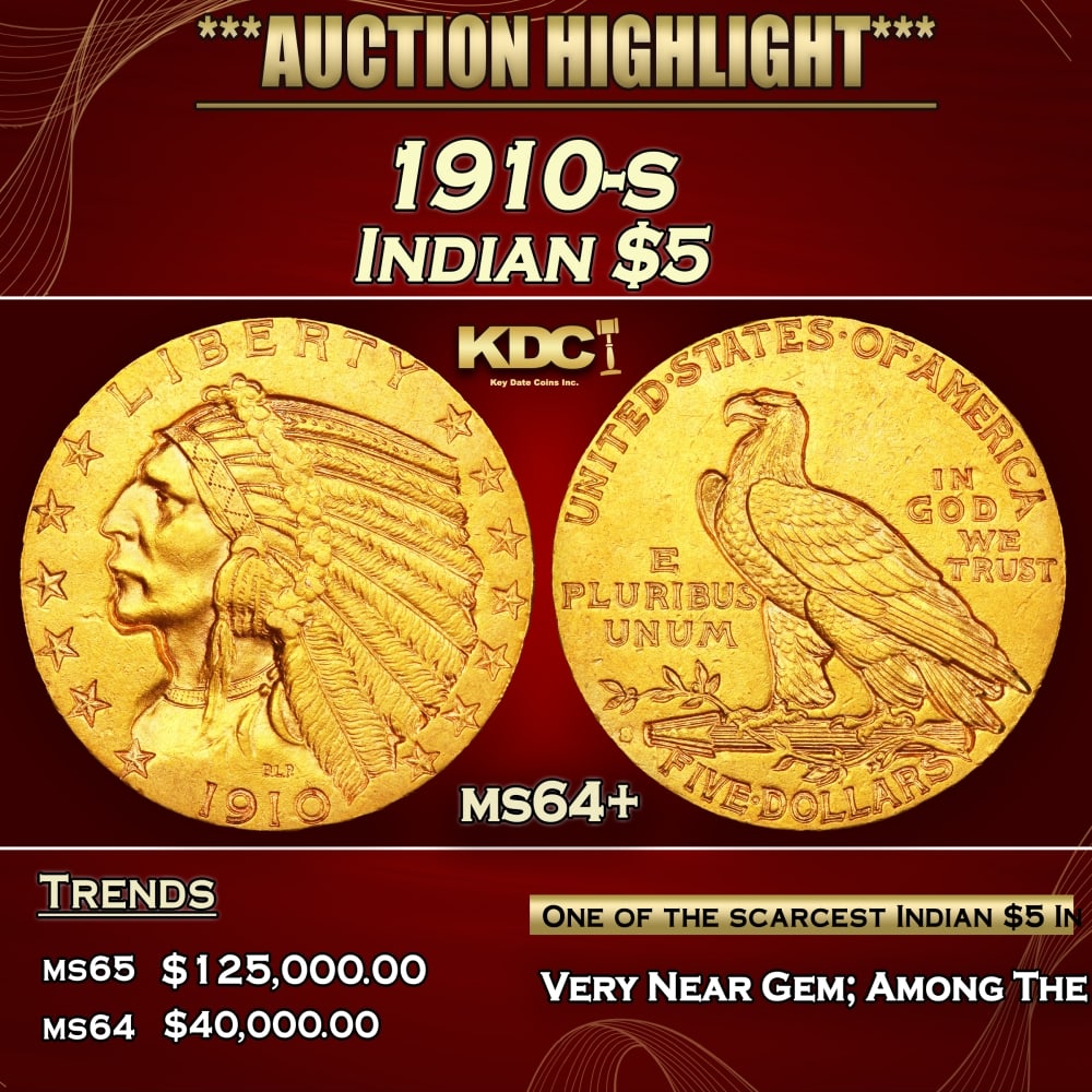 1910-s Gold Indian Half Eagle $5 ms64+ USCG (1 of 4)