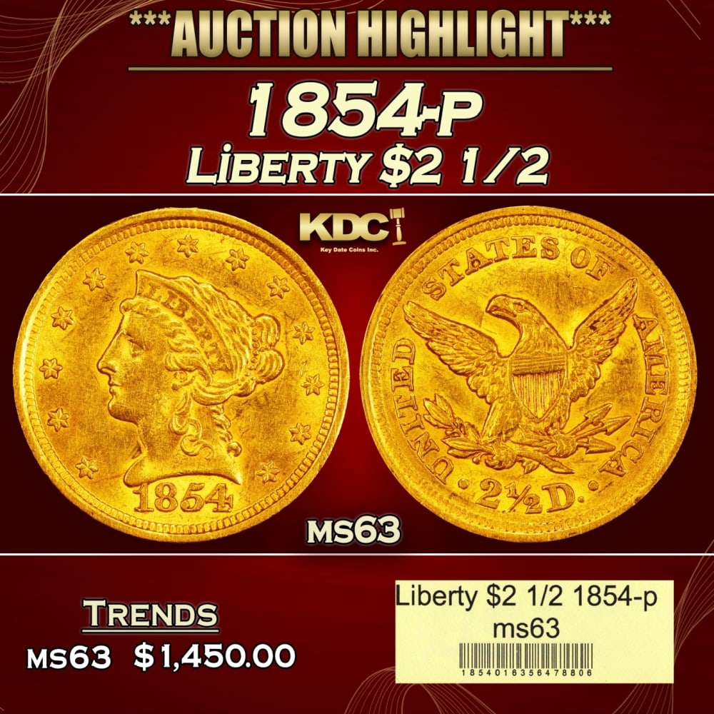 1854-p Gold Liberty Quarter Eagle $2 1/2 ms63 USCG (1 of 4)