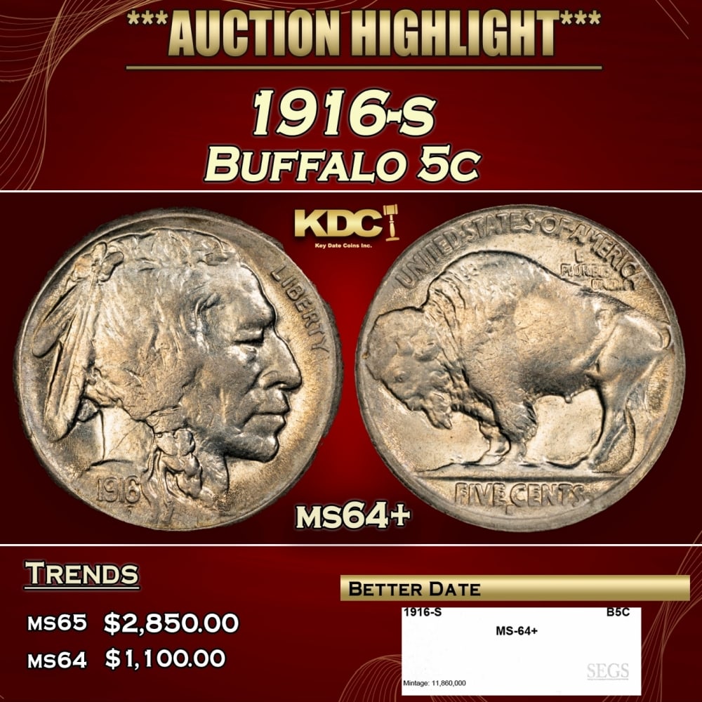 1916-s Buffalo Nickel 5c ms64+ SEGS (1 of 4)