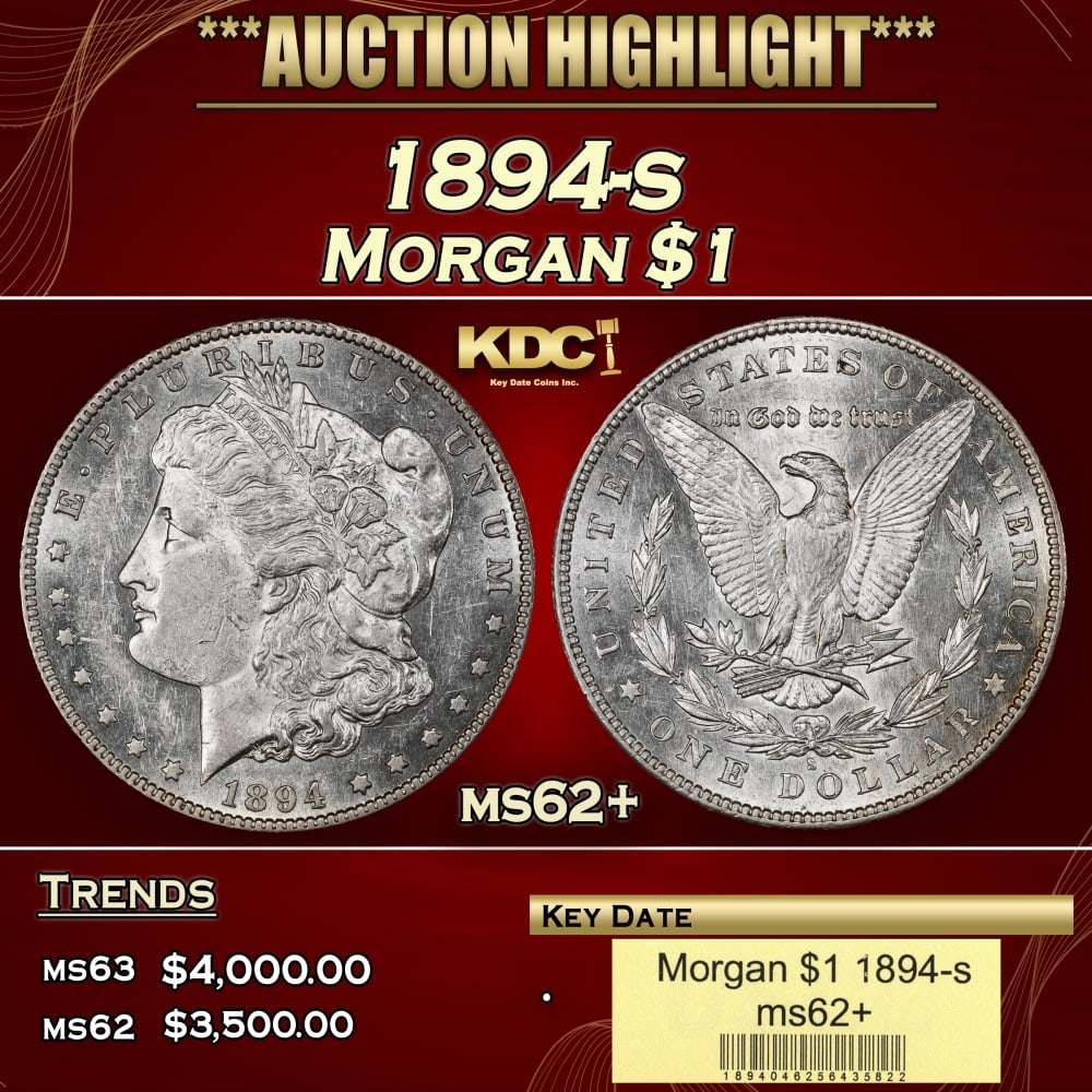 1894-s Morgan Dollar $1 ms62+ USCG: 1894-s Morgan Dollar $1 ms62+ USCG. 0