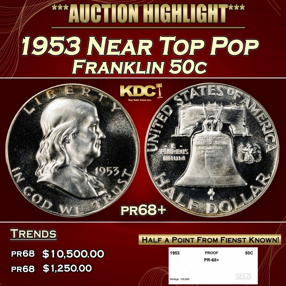 1953 Proof Franklin Half Dollar Near Top Pop 50c pr68+ SEGS (1 of 4)