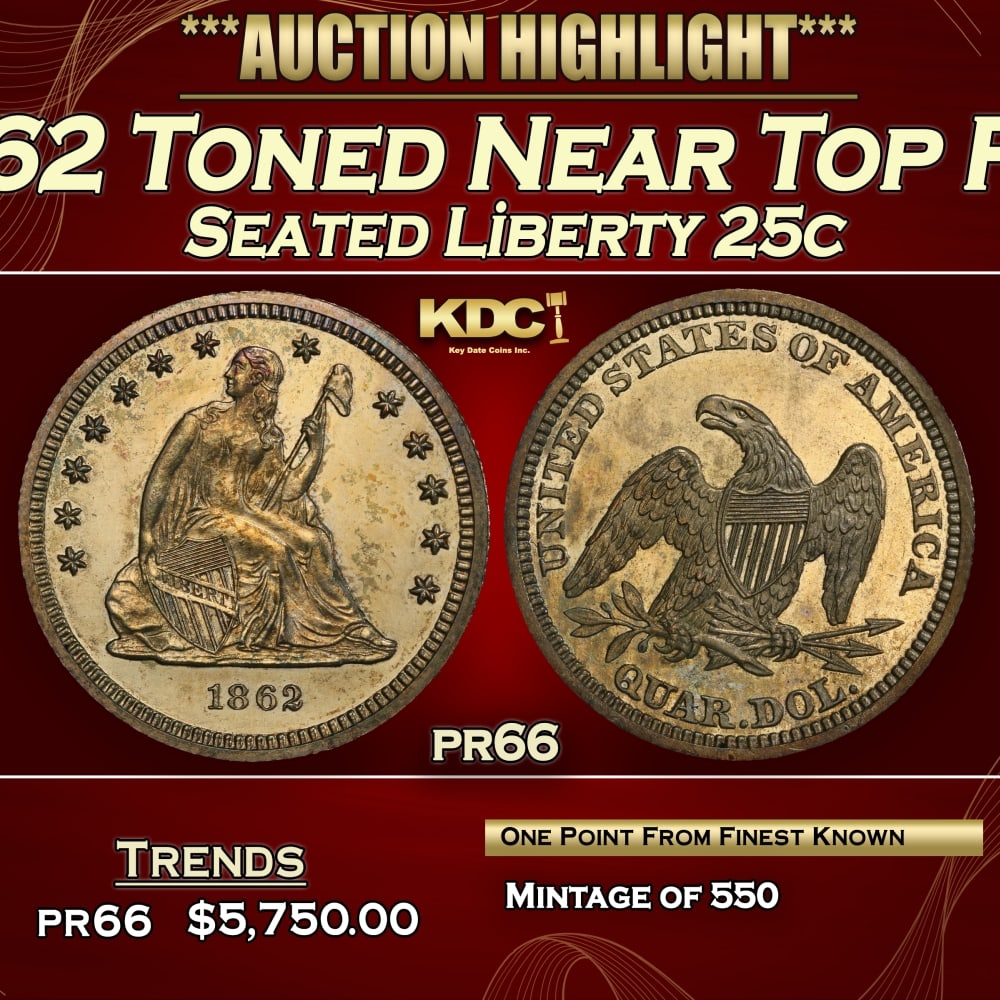 1862 Proof Seated Liberty Quarter Toned Near Top Pop 25c pr66 SEGS (1 of 4)
