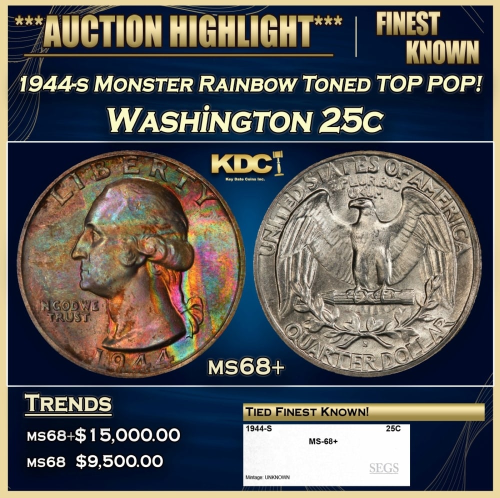 1944-s Washington Quarter Monster Rainbow Toned TOP POP! 25c ms68+ SEGS (1 of 4)