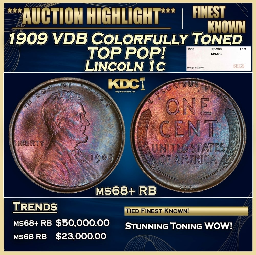 1909 VDB Lincoln Cent Colorfully Toned TOP POP! 1c ms68+ RB SEGS (1 of 5)