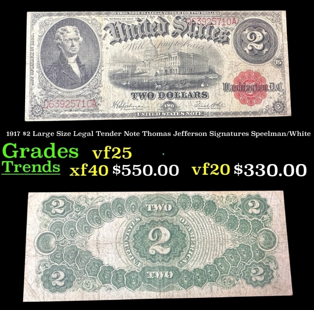 1917 $2 Large Size Legal Tender Note Thomas Jefferson Grades vf+ Signatures Speelman/White (1 of 3)