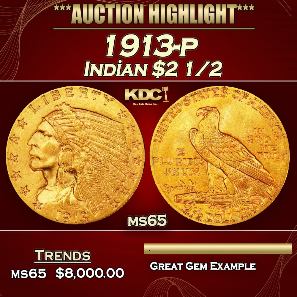 1913-p Gold Indian Quarter Eagle $2 1/2 ms65 SEGS (1 of 4)
