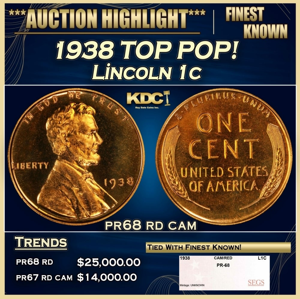 1938 Proof Lincoln Cent TOP POP! 1c pr68 rd cam SEGS (1 of 4)