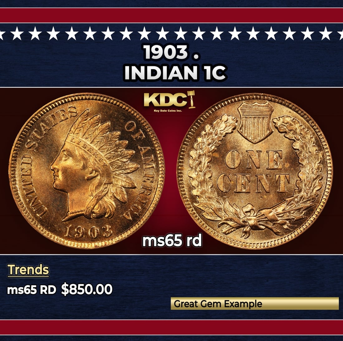 1903 Indian Cent . 1c Grades ms65 rd (1 of 3)