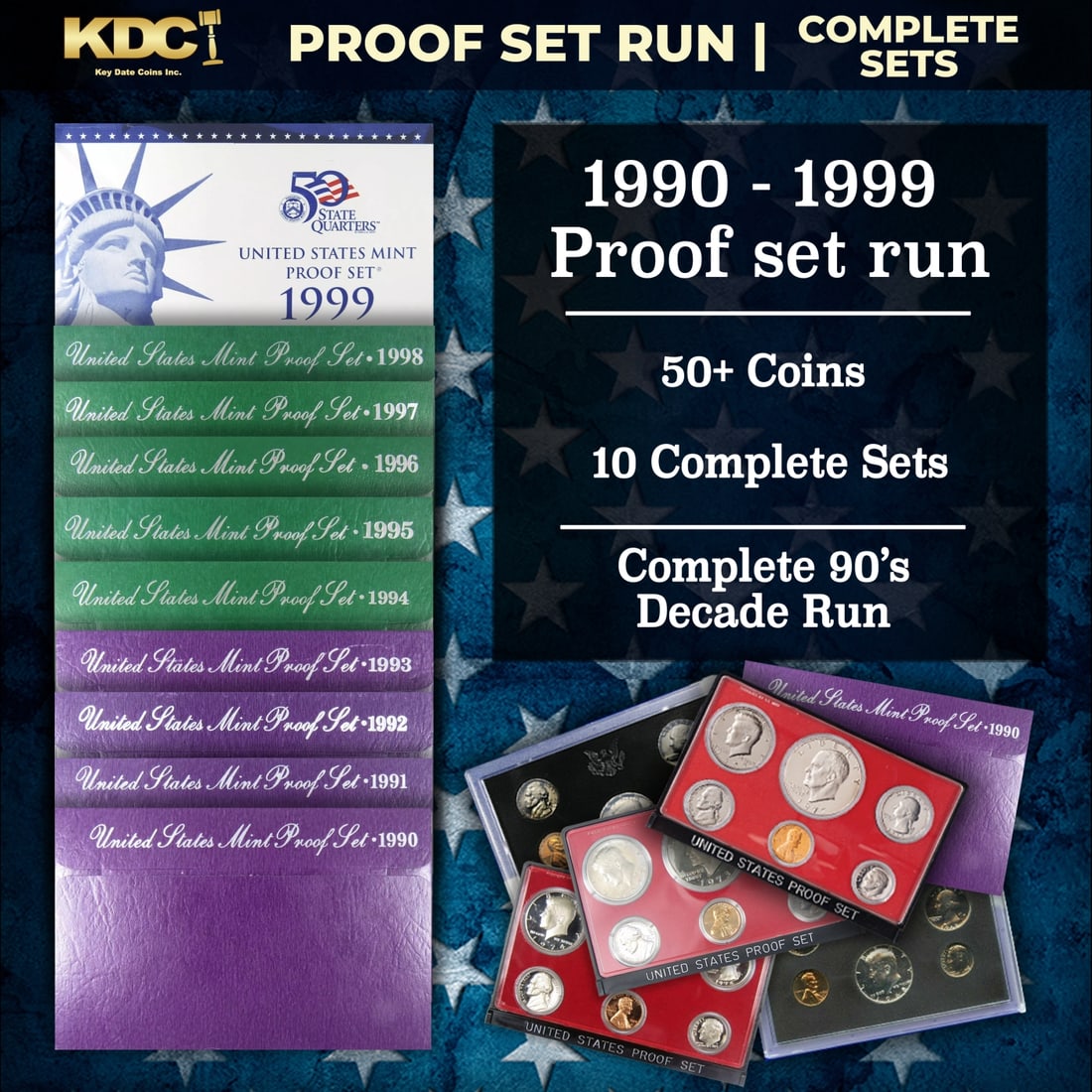 1990-1999 Full Decade Proof Set Run - 54 Coins, 10 Complete Sets: 1990-1999 Full Decade Proof Set Run - 54 Coins, 10 Complete Sets. 1990-1999 Full Decade Proof Set Run - 54 Coins, 10 Complete Sets. 1999 Saw the introduction of the 50 State Quarters series. Historic