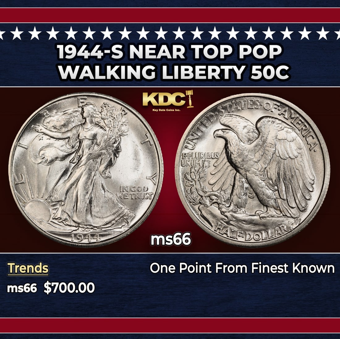 1944-s Walking Liberty Half Dollar Near Top Pop 50c Grades ms66: 1944-s Near Top Pop Walking Liberty Half Dollar 50c Grades ms66. Historic precious metal trends is causing increased spot pricing by the day. On auctions with set openings, we are doing our best to ha