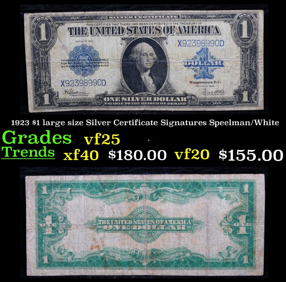 1923 $1 large size Silver Certificate Grades vf+ Signatures Speelman/White: 1923 $1 large size Silver Certificate Grades vf+ Signatures Speelman/White. Fr-237 The term “horse blanket” gets used a lot when talking about large size currency. It is most frequently used t