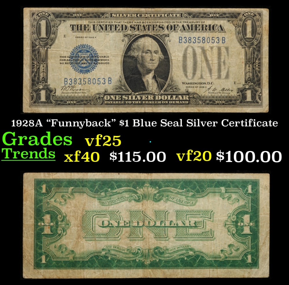 1928A $1 Blue Seal Silver Certificate "Funnyback" Grades vf+: 1928A $1 Blue Seal Silver Certificate "Funnyback" Grades vf+. FR-1601 Signatures Woods-Mellon These were the first notes to be called funnybacks. The reason they are called funnybacks is because of th