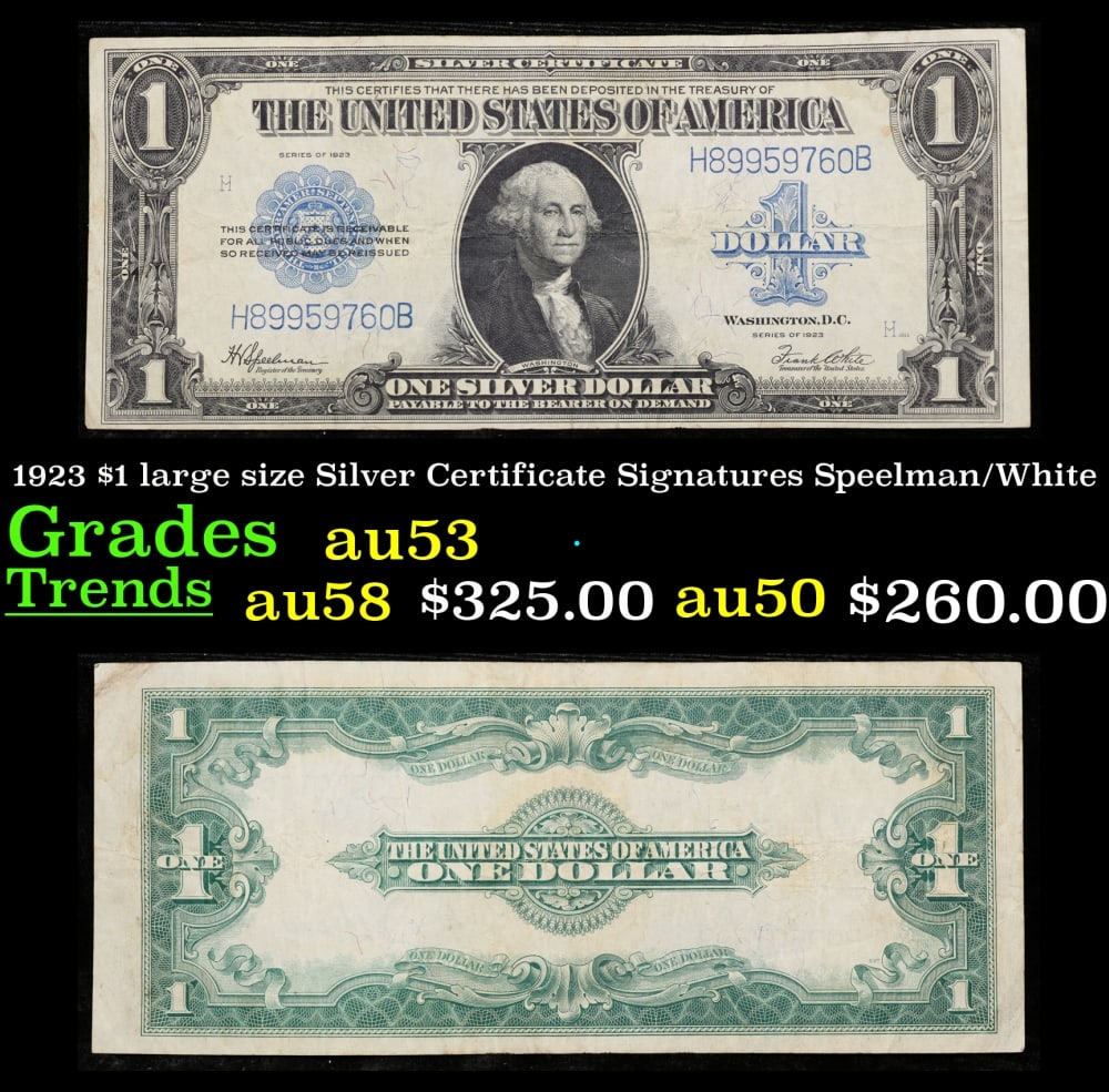 1923 $1 large size Silver Certificate Grades Select AU Signatures Speelman/White: 1923 $1 large size Silver Certificate Grades Select AU Signatures Speelman/White. Fr-237 The term “horse blanket” gets used a lot when talking about large size currency. It is most frequently