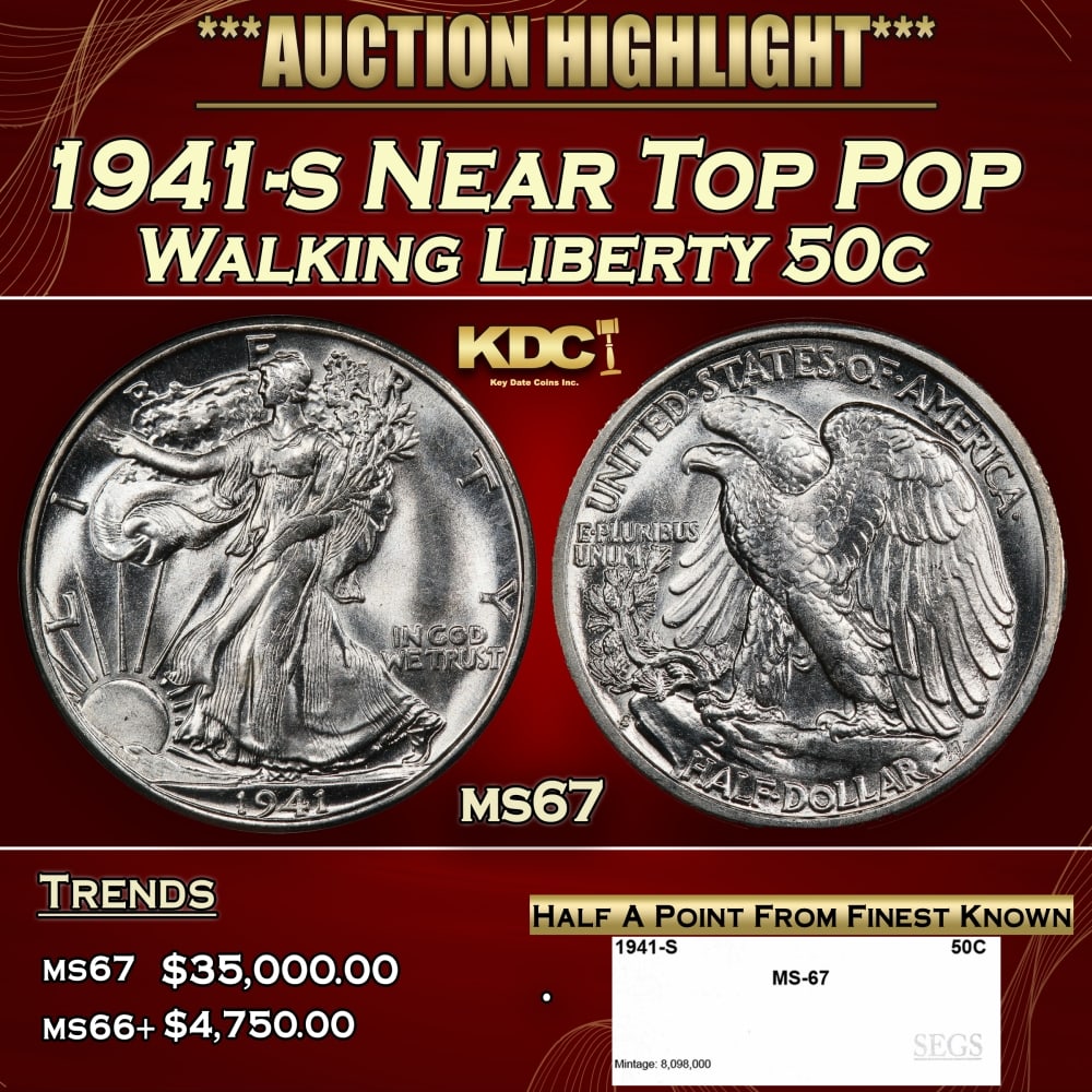 1941-s Walking Liberty Half Dollar Near Top Pop 50c ms67 SEGS: 1941-s Near Top Pop Walking Liberty Half Dollar 50c ms67 SEGS. 0