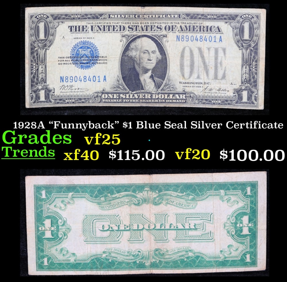 1928A $1 Blue Seal Silver Certificate "Funnyback" Grades vf+: 1928A $1 Blue Seal Silver Certificate "Funnyback" Grades vf+. FR-1601 Signatures Woods-Mellon These were the first notes to be called funnybacks. The reason they are called funnybacks is because of th