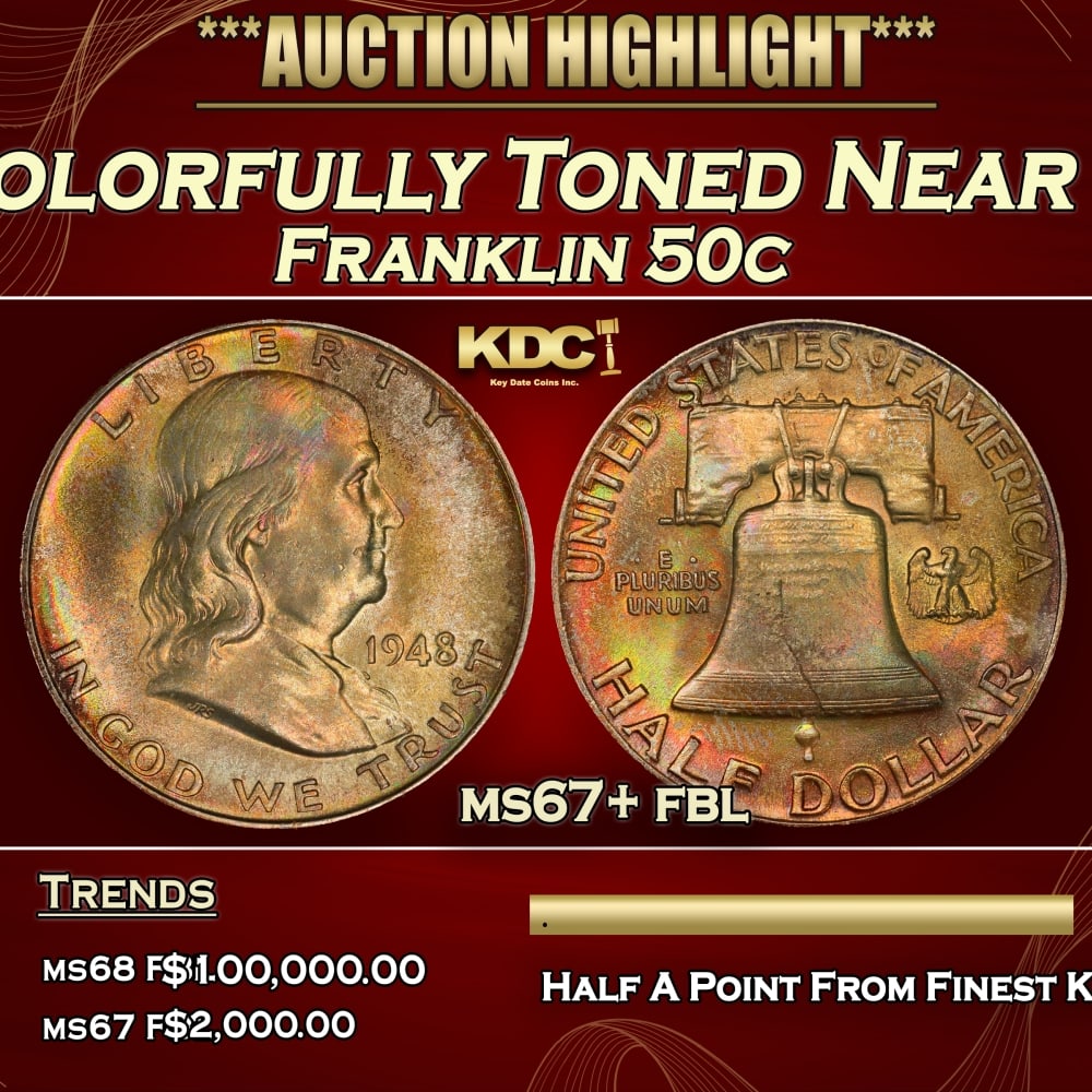 1948-p Franklin Half Dollar Colorfully Toned Near Top Pop 50c ms67+ fbl SEGS (1 of 4)